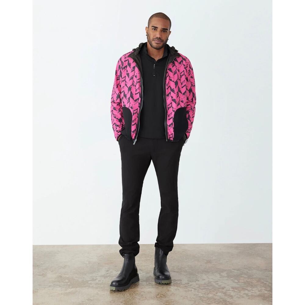 NWT $398 GSTQ MEN M Reversible Jacket in pink and black herringbone print